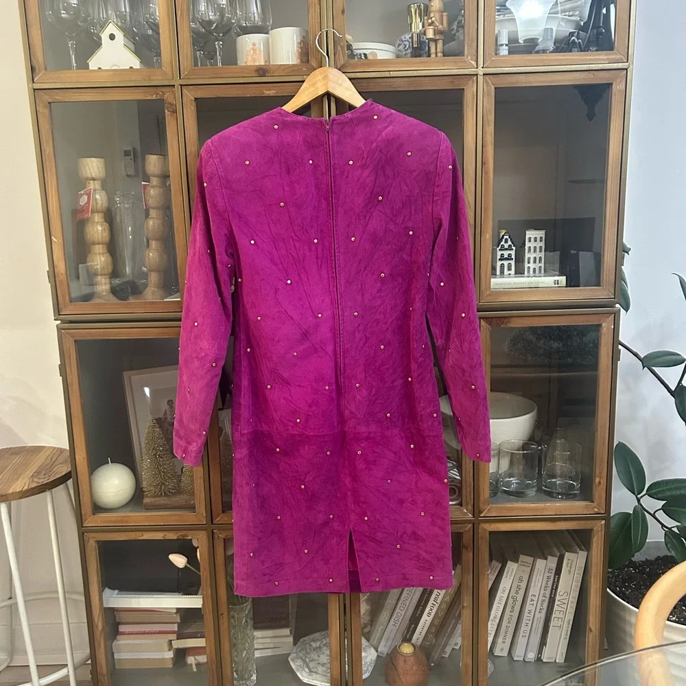Vintage Daniel Leather Long Sleeve Fuchsia Suede Shift Dress with Stud Detail - Picture 6 of 13
